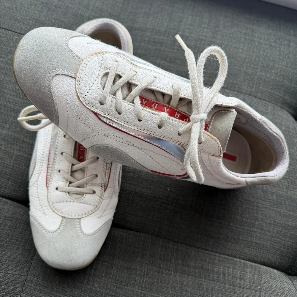 Prada Sport Sneakers Grey White Suede Leather Women’s 10.5 - Picture 2 of 11